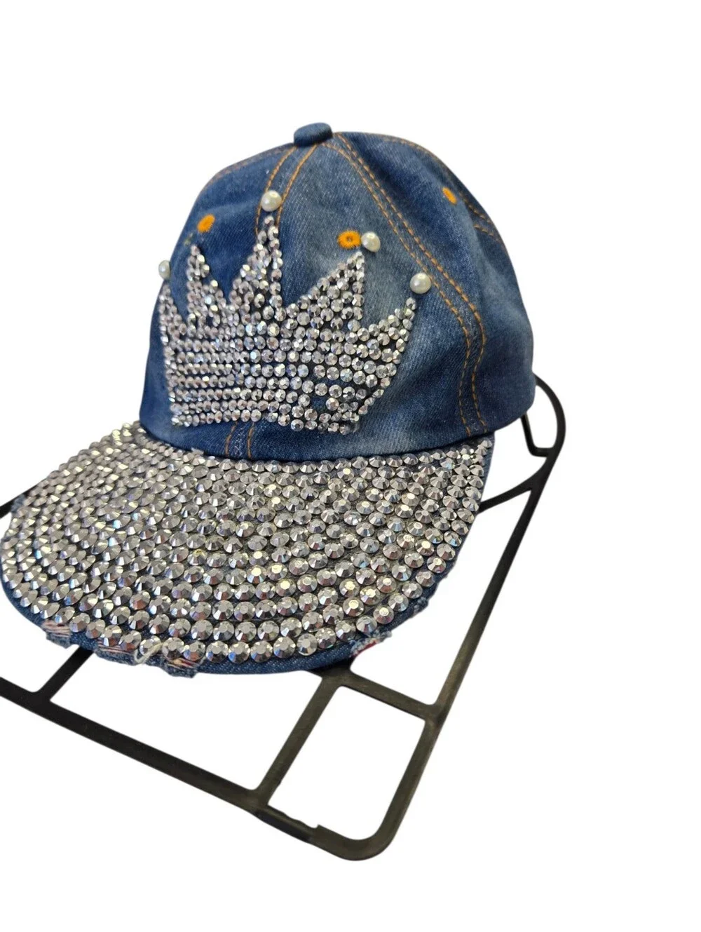 👑 Magid Hat's Rhinestone Crown Denim Baseball Cap | Bling Pearl Distressed Hat